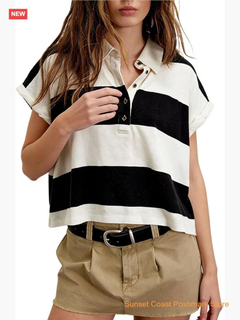 Striped Oversized Polo Shirt Y2K Baggy Short Sleeve Crop Top